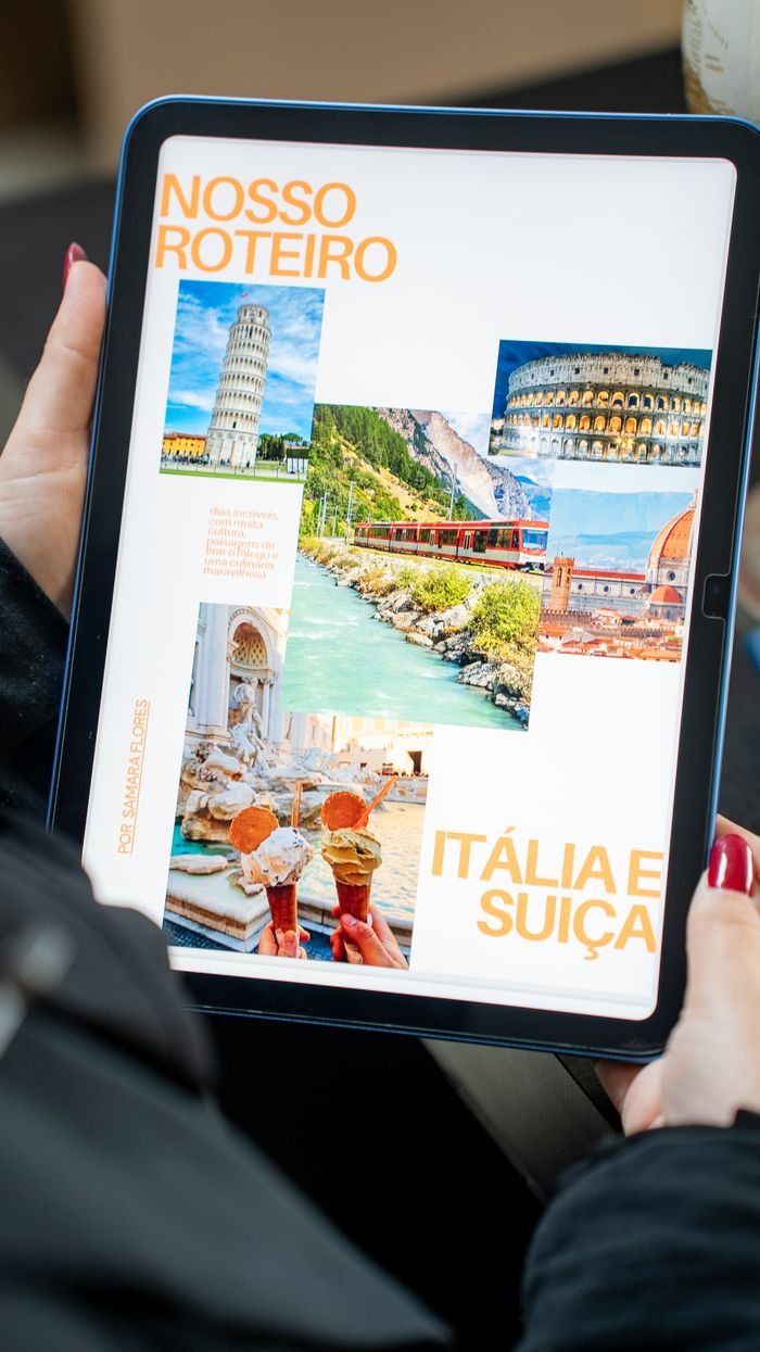 services-04 Digital itinerary with landmarks from Italy and Switzerland displayed on a tablet.
